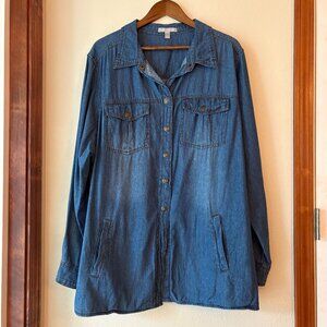 EUC Woman Within Medium Wash Denim Button Down Shirt Jacket Four Pockets Size XL